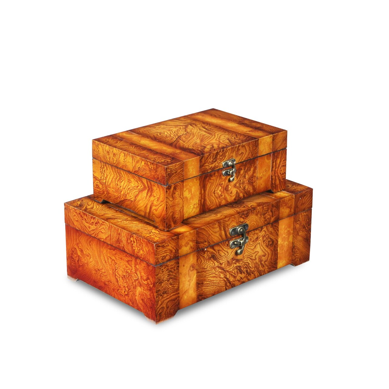 Contemporary Home Living Set of 2 Brown Striped Burl Wood Veneer Storage Boxes 13.25"